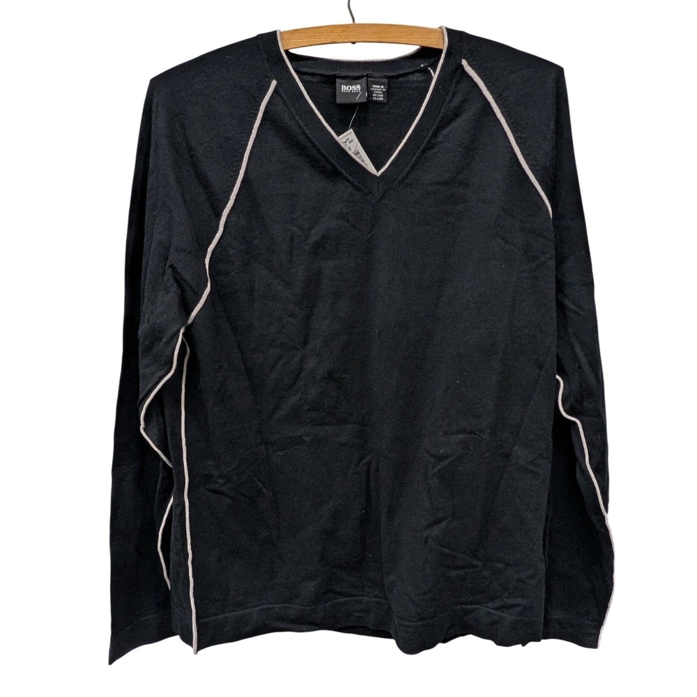 BOSS Hugo Boss NWT Men's Black Cotton Cashmere V-Neck Sweater Contrast Piping- L